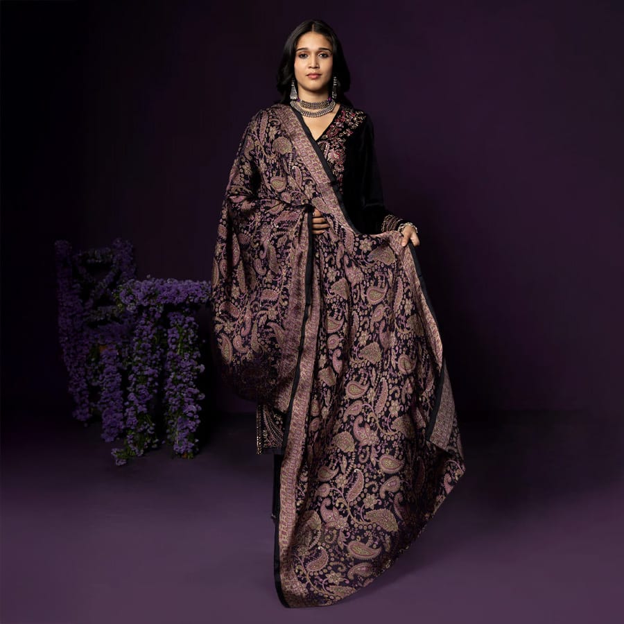 Navya Purple Embroidered Velvet Suit Set with Brasso Dupatta