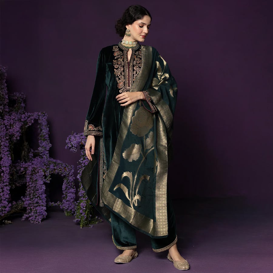 Eshira Emerald Green Embroidered Velvet Suit Set with Banarasi Dupatta