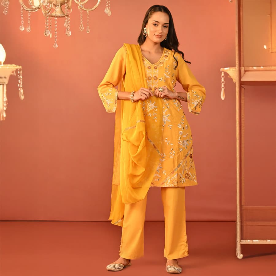Areeba Chrome Yellow Embroidered Cotton Linen Designer Suit Set with Dupatta