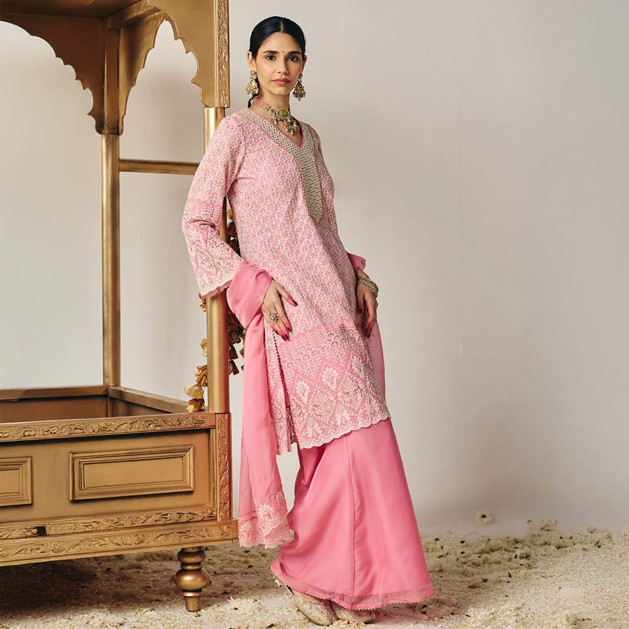 Evania Pink Georgette Chikankari Suit Set with Dupatta