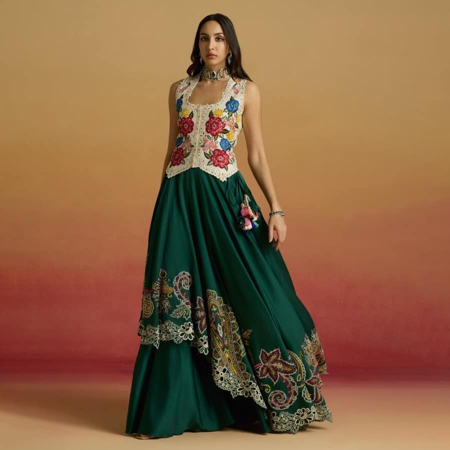 Green Chanderi Paisley-Embroidered Layered Lehenga
