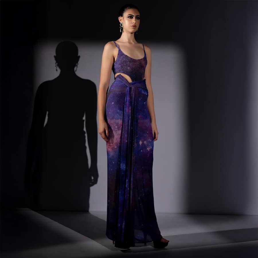Purple Lycra Galaxy-Print Draped Skirt