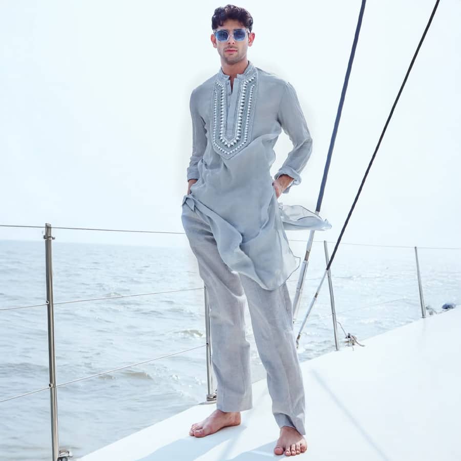 Nirmooha Men Grey Linen & Crepe Embroidered Yoke Kurta Set