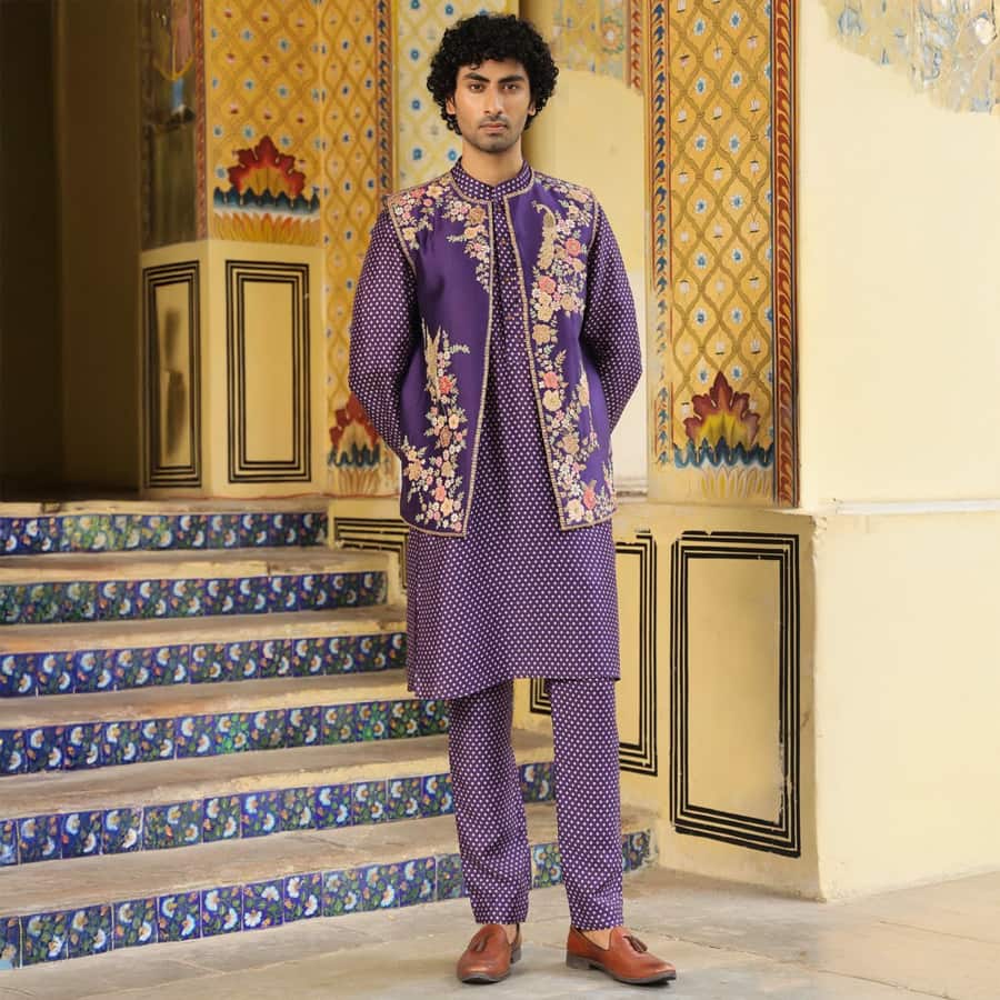 Niti Bothra Men Purple Applique & Zardozi Open Jacket Set