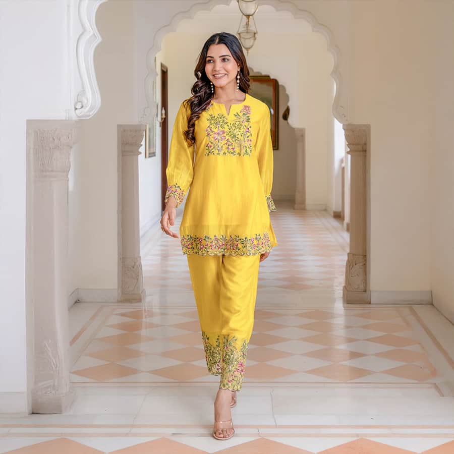 Women Golden Yellow Chanderi Silk Chikankari Embroidered Fashion Co-ord Set