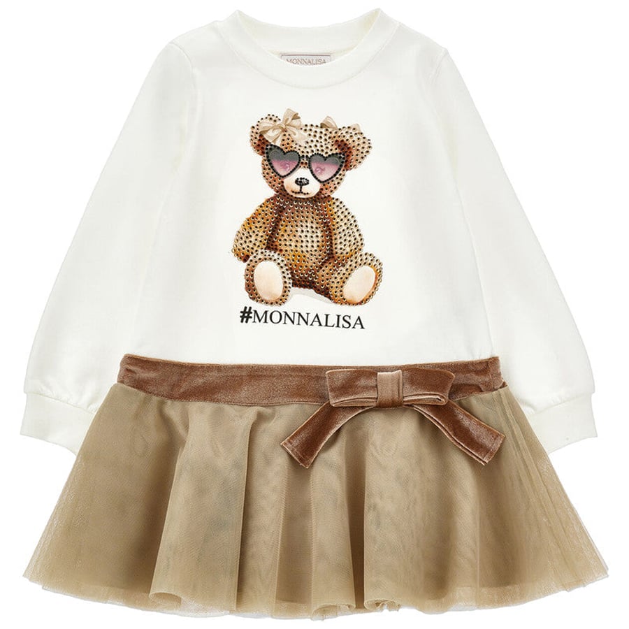 Monnalisa Ivory & Beige Rhinestone Bear Dress