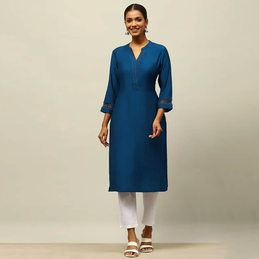 Blue Solid Straight Kurta