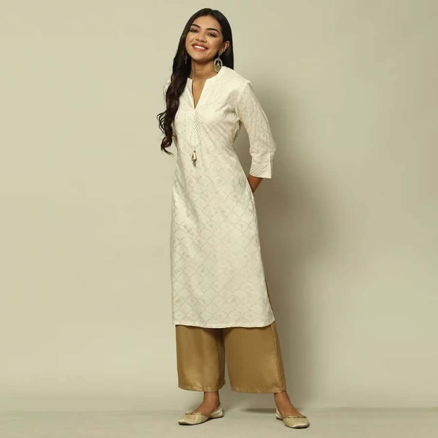 Cream LIVA Straight Printed Kurta