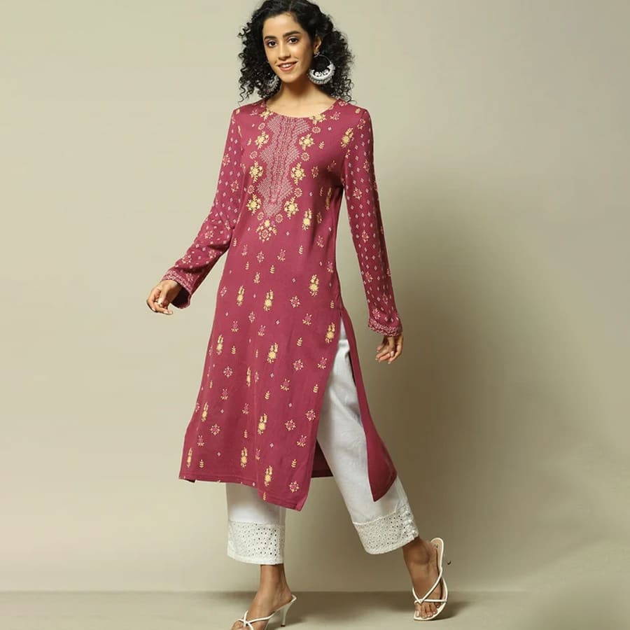 Dusky Pink Acrylic Straight Printed Kurta