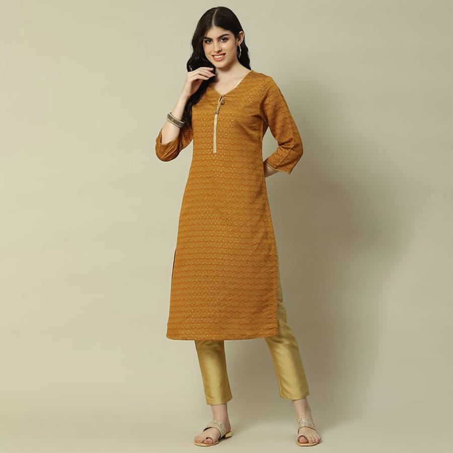 Mustard LIVA Straight Printed Kurta