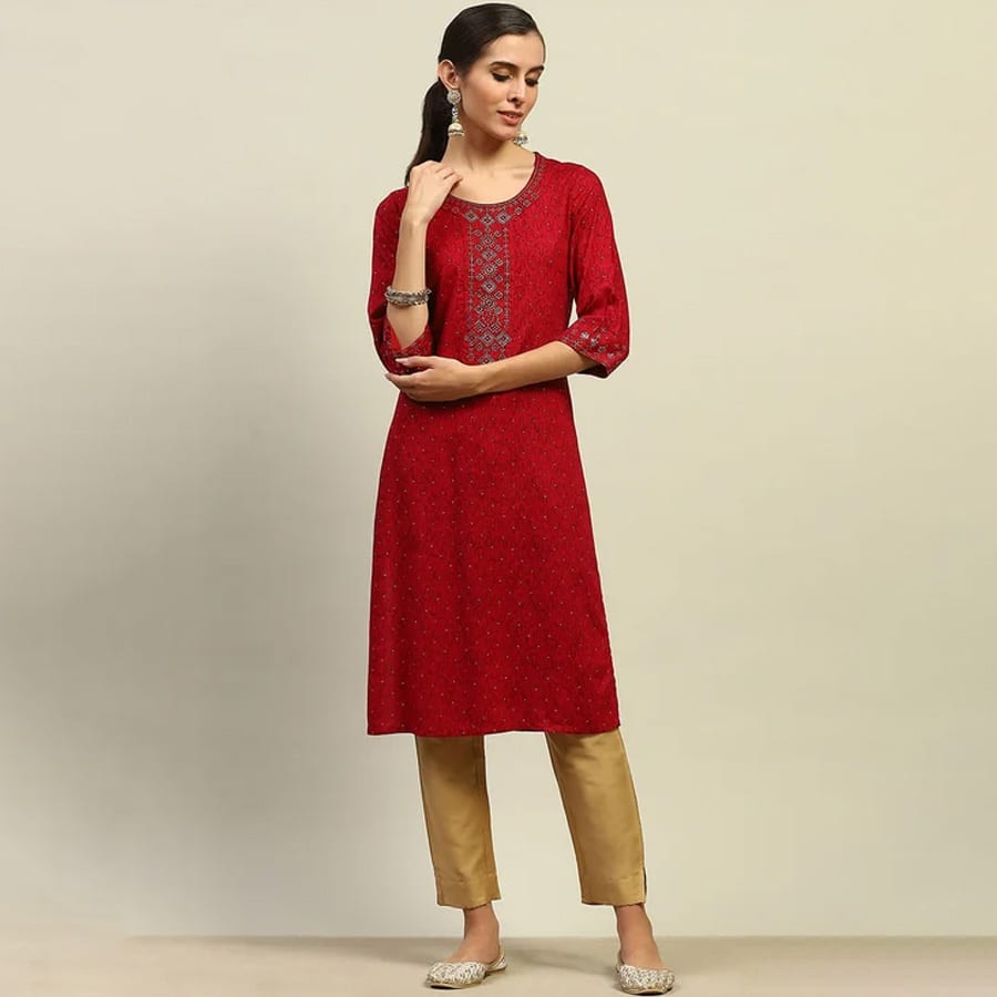 Red Rayon Slub Printed Straight Kurta