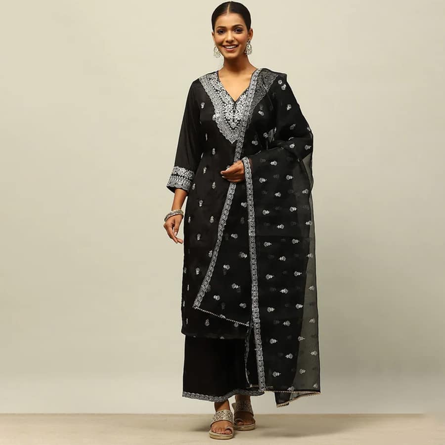 Black Viscose Shantoon Straight Embroidered Kurta Palazzo Suit Set