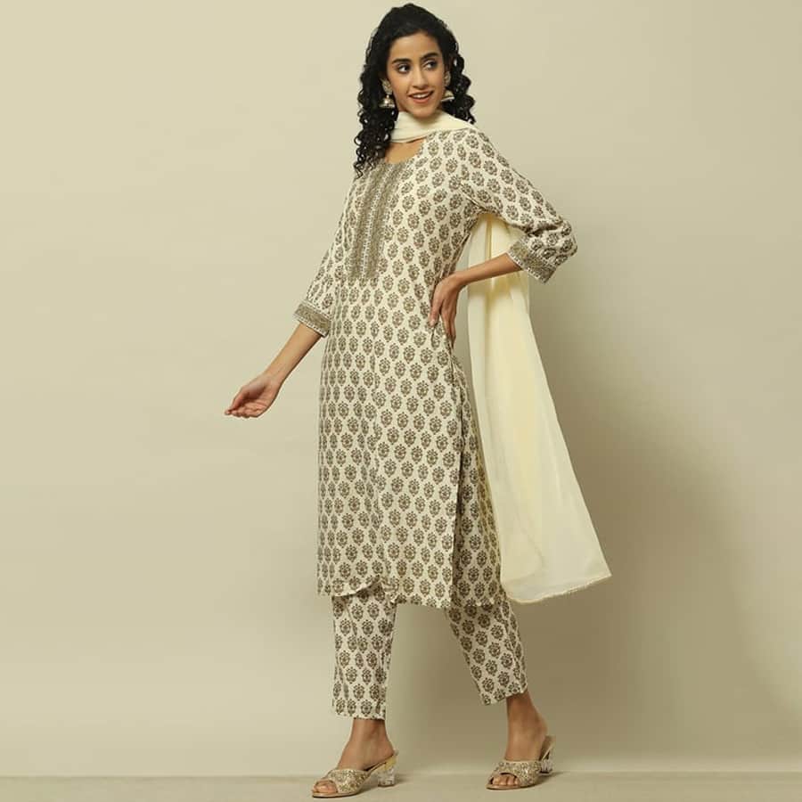 Ivory Printed Straight Kurta & Pants Suit Set