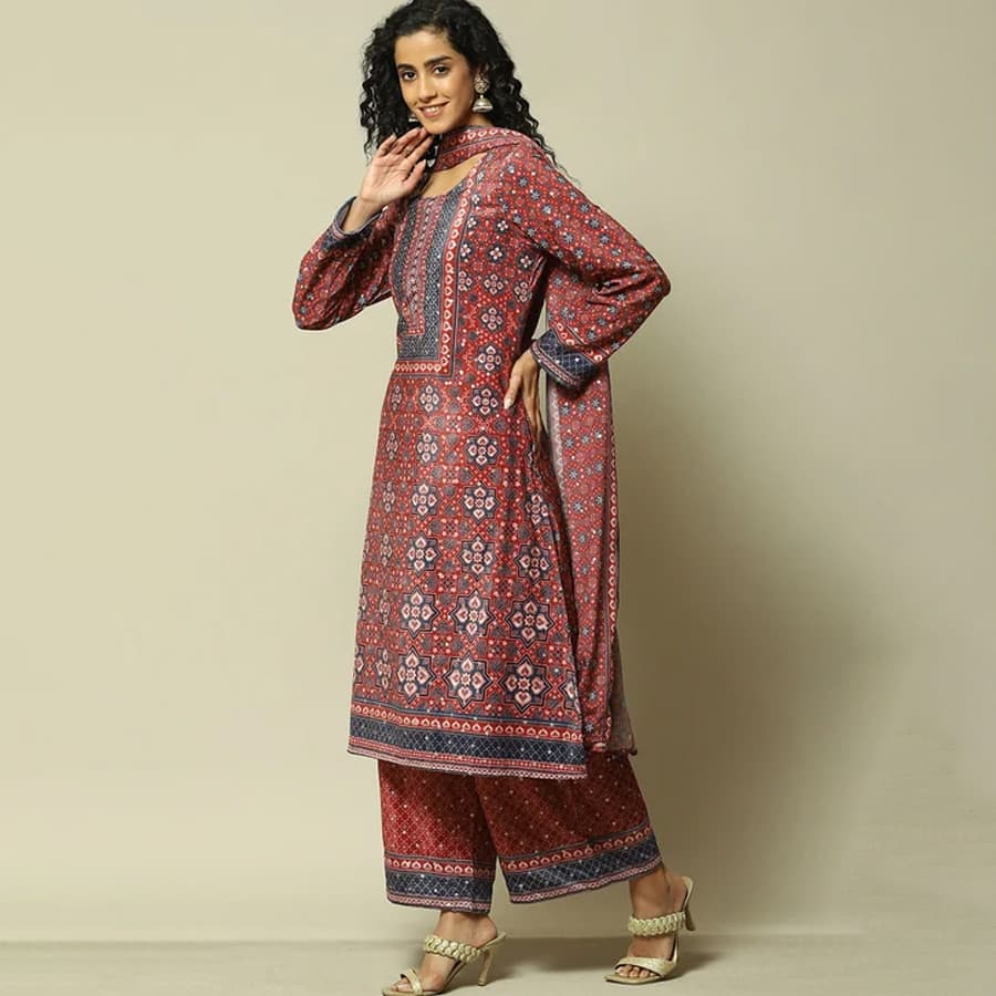 Maroon Polyester Straight Printed Kurta Palazzo Suit Set