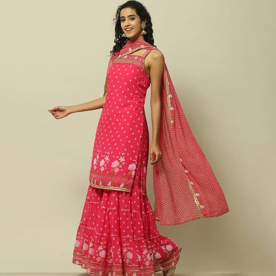 Pink Poly Georgette Straight Kurta & Garara Suit Set