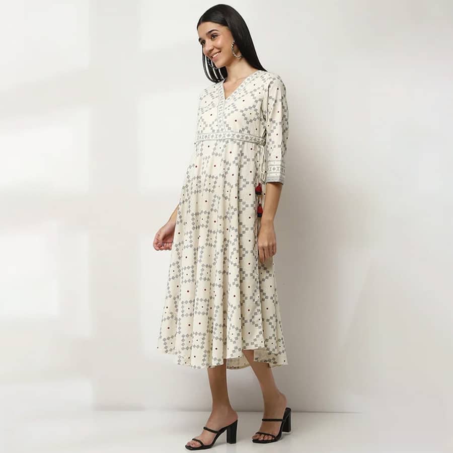 Off-White Cotton Printed Flared Dress