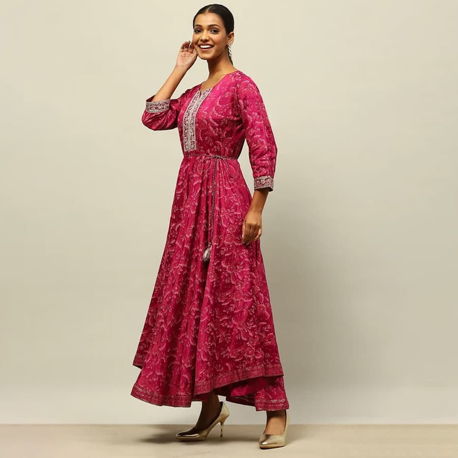 Purple Viscose Shantoon Printed Flared Dress