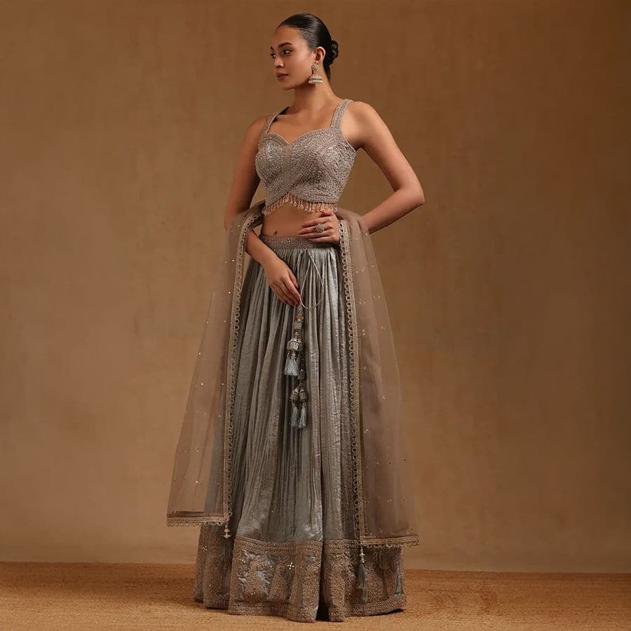 Grey Fendi Ethnic Motifs Embroidered Ghagra Choli With Mirror And Stones