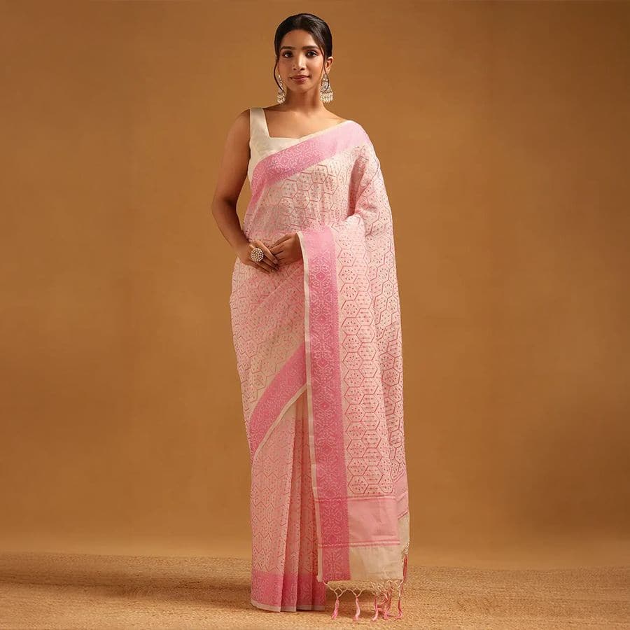 Cream Kota Geometric Machine Embroidered Saree