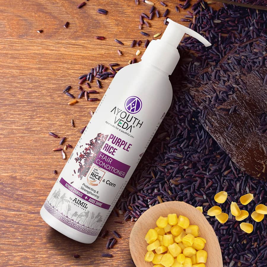 Ayouthveda Purple Rice Hair Conditioner with Rice Water & Kernel Protein | Repairs Damage, Controls Frizz & Enhances Volume | Enriched with Eggplant, Betel & Guava Leaves | For All Hair Types | 200ml