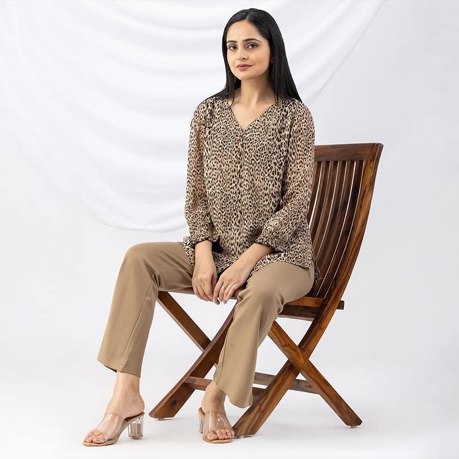 Beige Printed Viscose Top for Women – Effortless Everyday Style