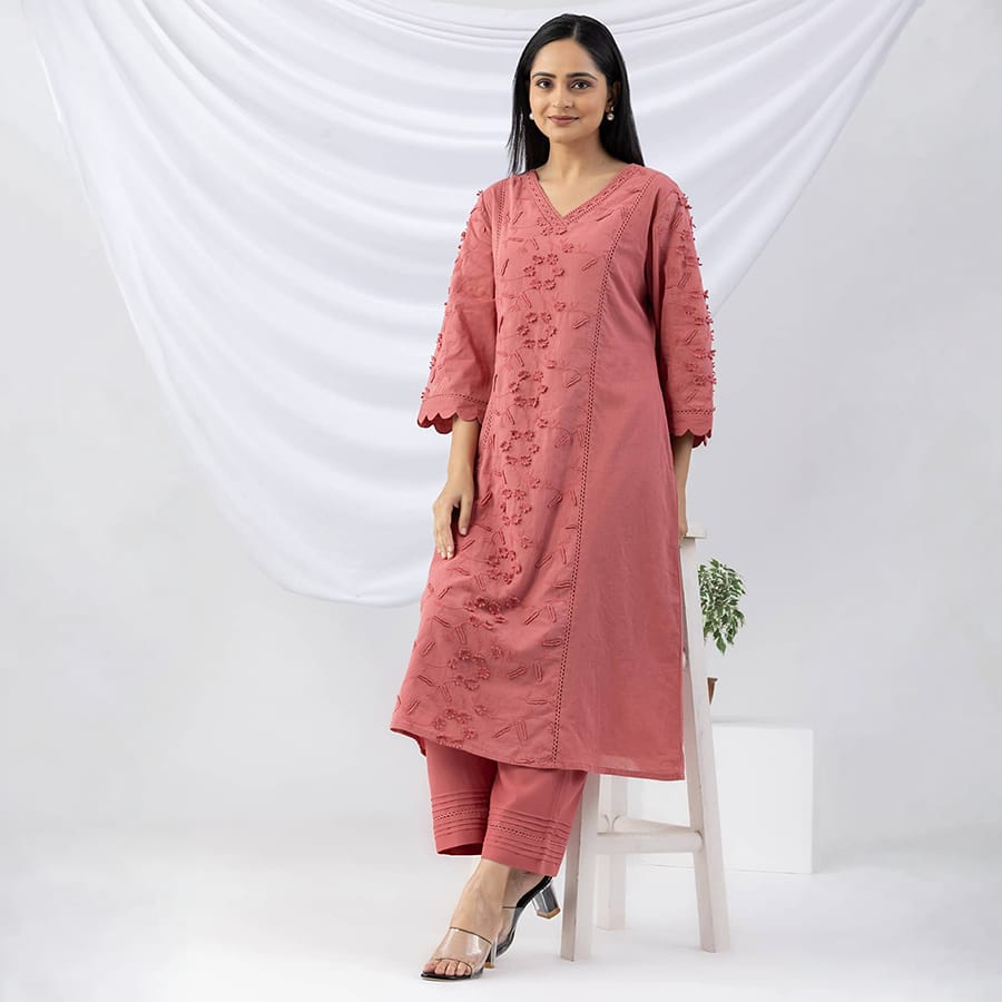 Petal Pink Cotton Embroidered Kurti – Elegant Everyday Ethnic Wear