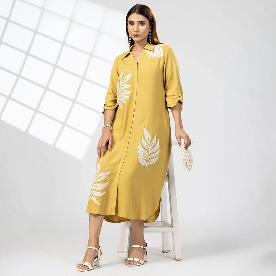 Mustard Embroidered Viscose Dress – Elegant Everyday Statement