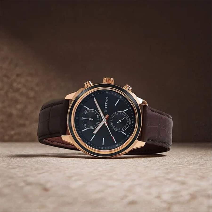 Titan Quartz Multifunction Blue Dial Leather Strap