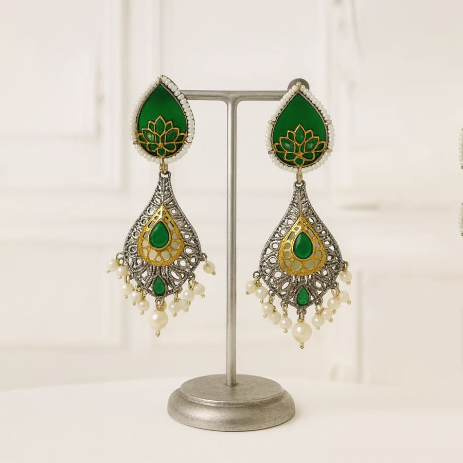 Kundan Teardrop Dangle Earrings with Pearls - Green