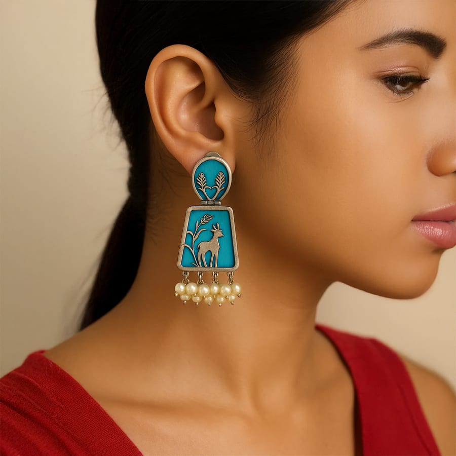 Antique Deer Dangle Earrings with Pearls