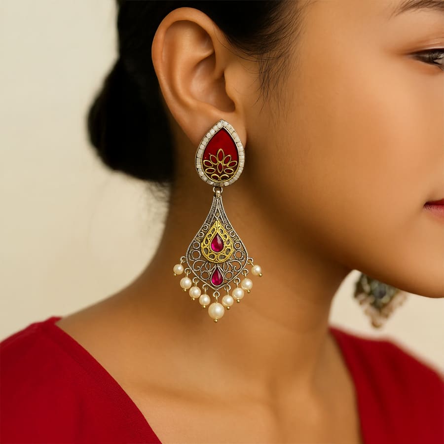 Kundan Teardrop Dangle Earrings with Pearls - Red