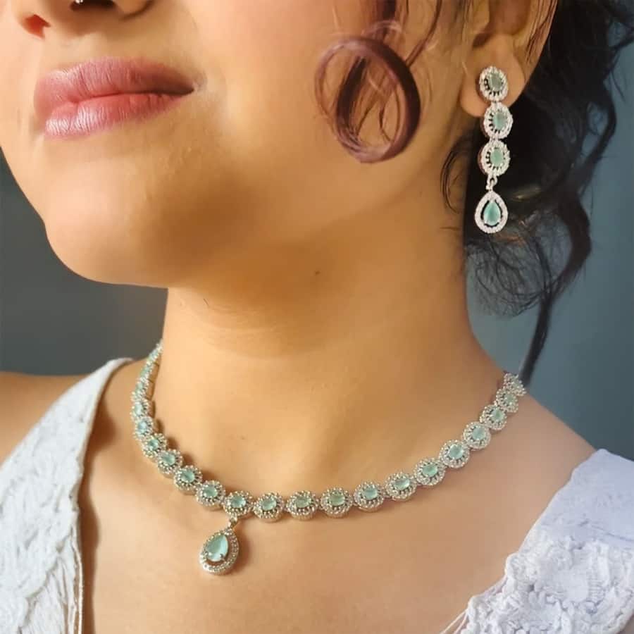 Mint Green Elegant American Diamond Jewelry Set