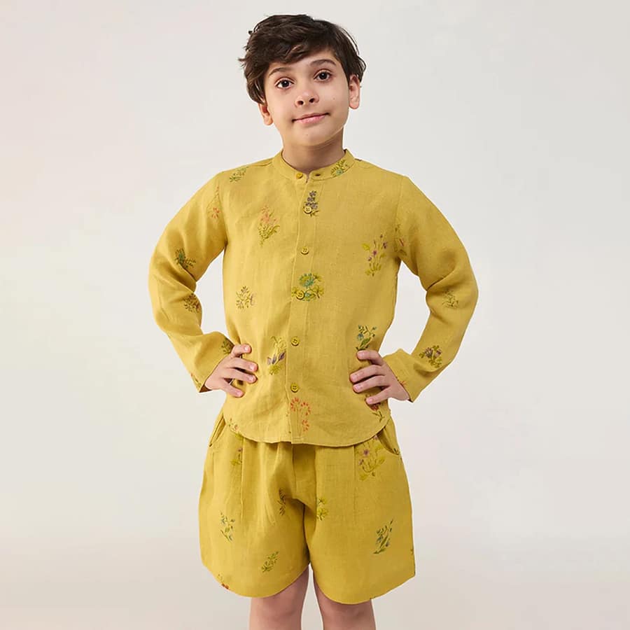 Akio Floral Linen Shirt - Ochre
