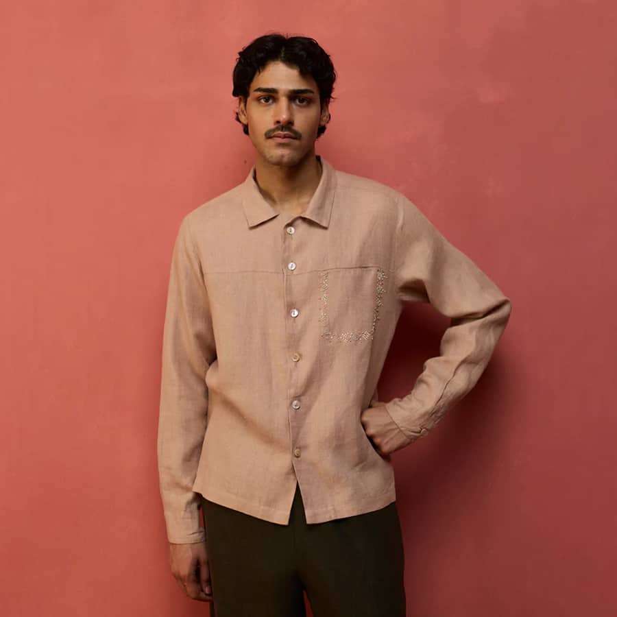 Hiro Pocket Embroidered Linen Shirt - Dusty Rose