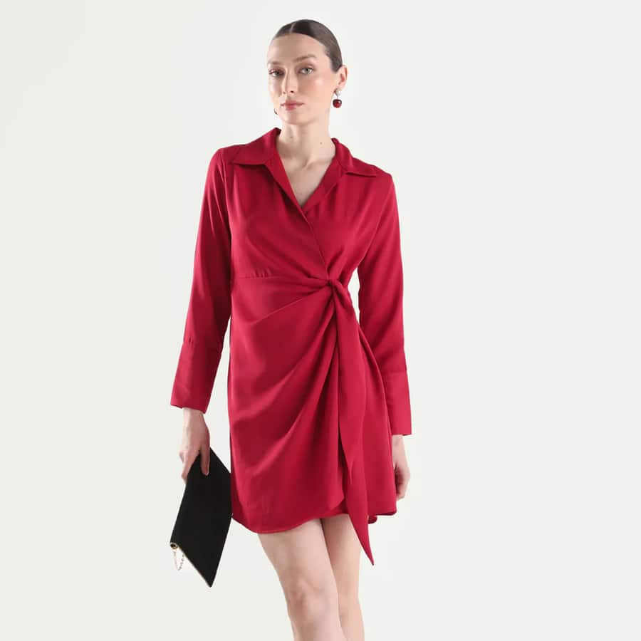 AXELA - RED SATIN WRAP MINI DRESS