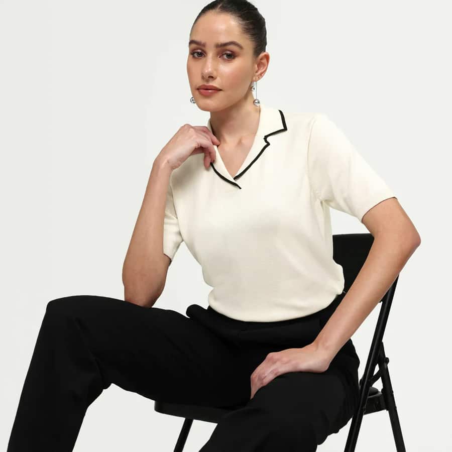 SYRUS - OFF WHITE | CONTRAST TIPPED JOHNNY COLLARED FLATKNIT POLO