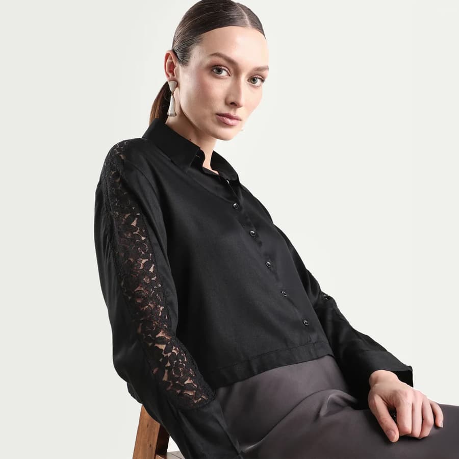 CICI - BLACK | SOLID CROP SHIRT WITH LACE DETAIL