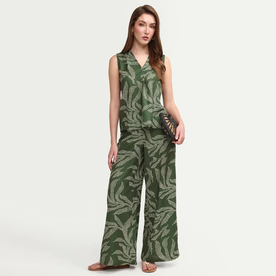 VADIR-B - OLIVE | ABSTRACT PRINT WIDE LEG TROUSER