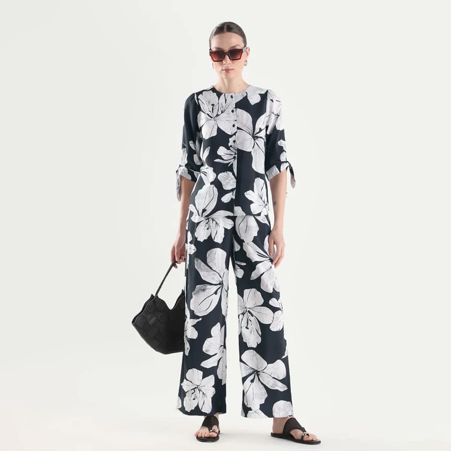 VASHA-B - BLACK | FLORAL PRINT WIDE LEG TROUSER
