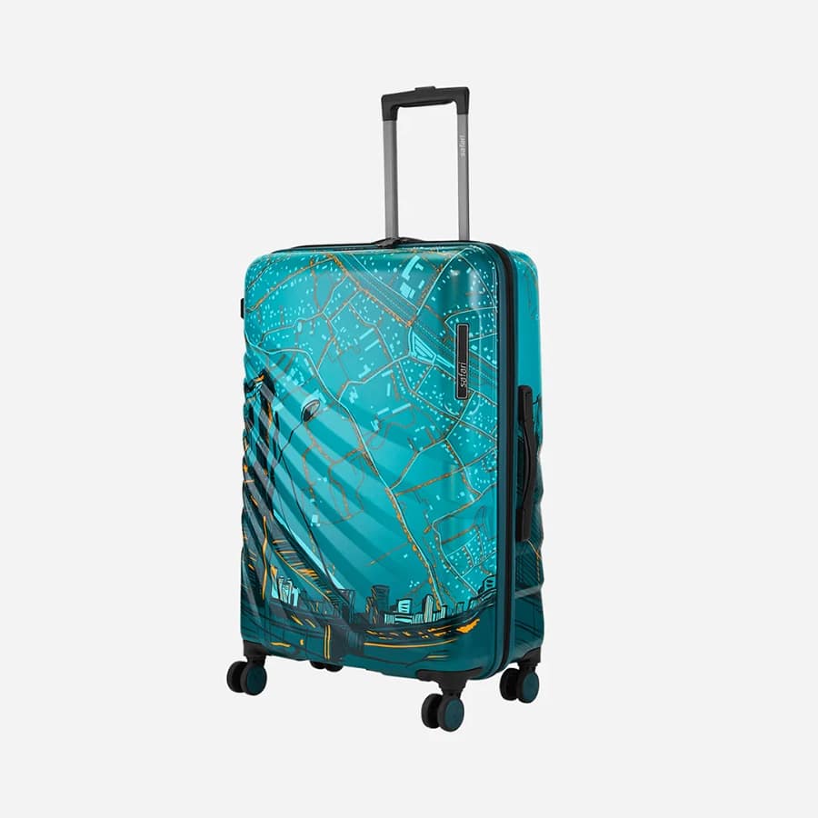 Brooklyn Printed Teal Trolley Bag with TSA Lock, Dual wheels, Side Hooks and Wet Pouch