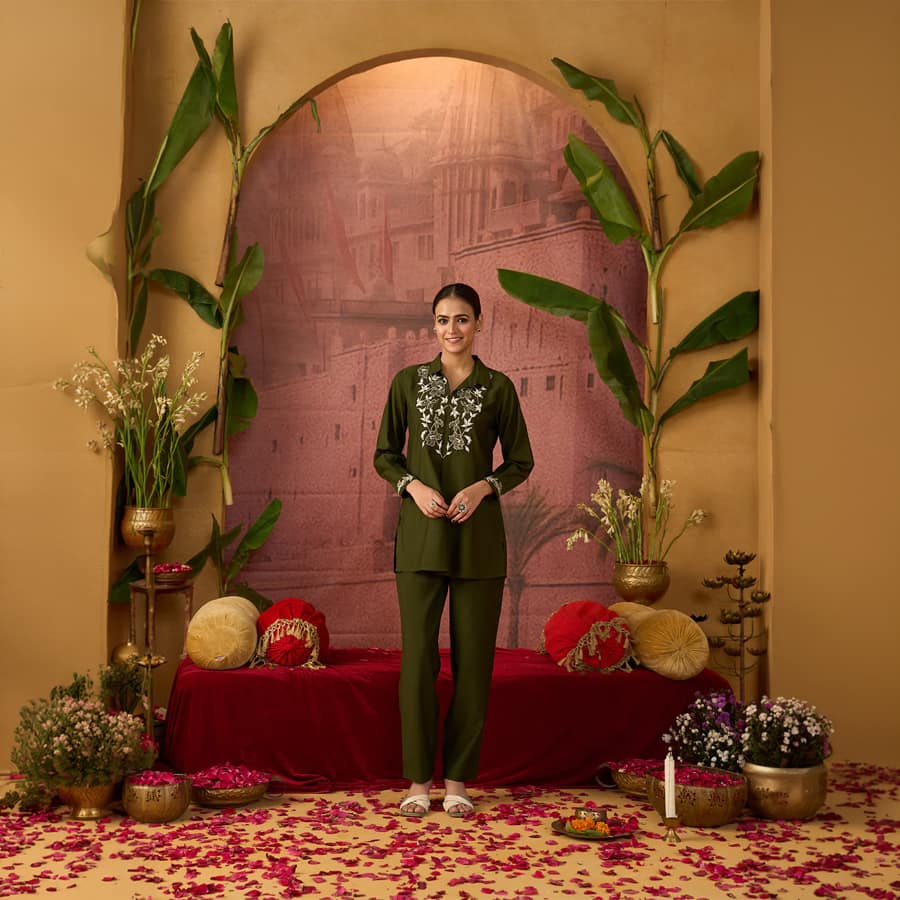 "Floral Embroidered Straight Viscose Rayon Top & Tr... "