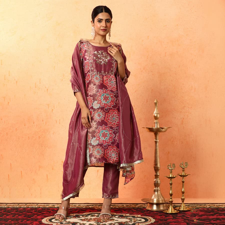 "Floral Embroidered A-Line Silk Blend Kurta & Trous... " 1