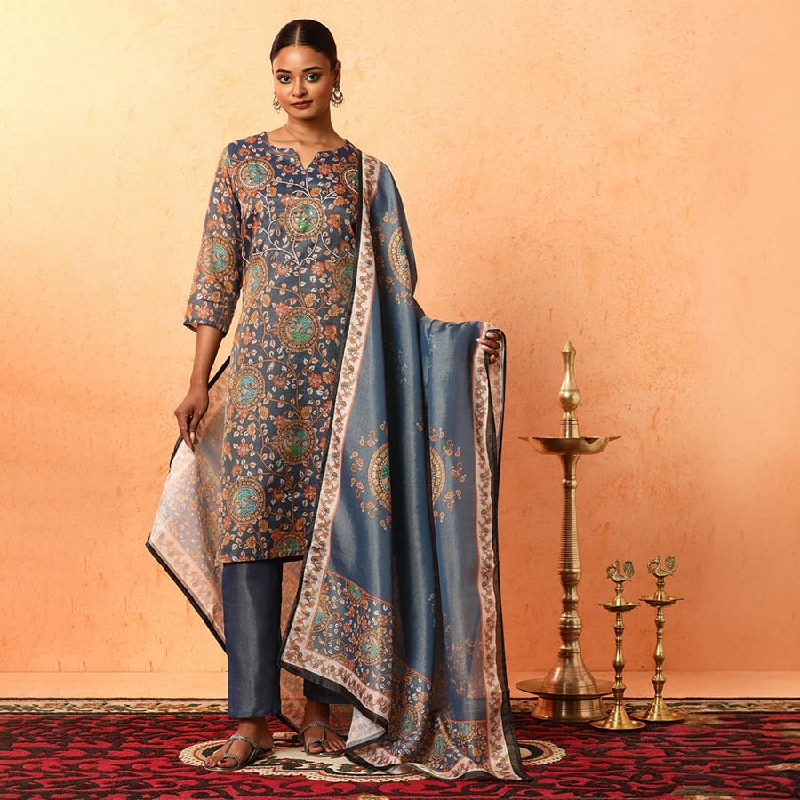 "Floral Embroidered A-Line Silk Blend Kurta & Trous... "
