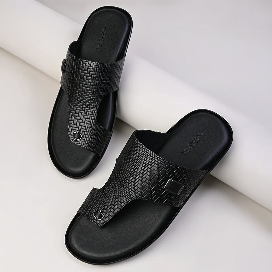 Regal Black Men Leather Woven Sandals