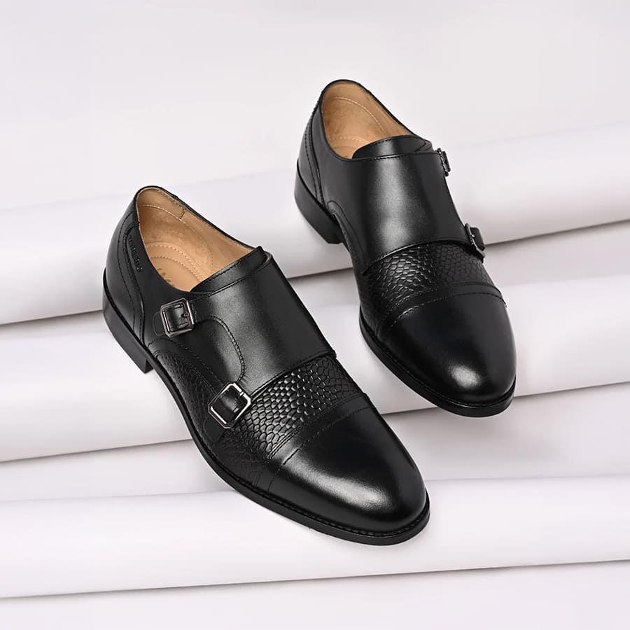 Imperio By Regal Black Men Formal Textured Leather Double Monks
