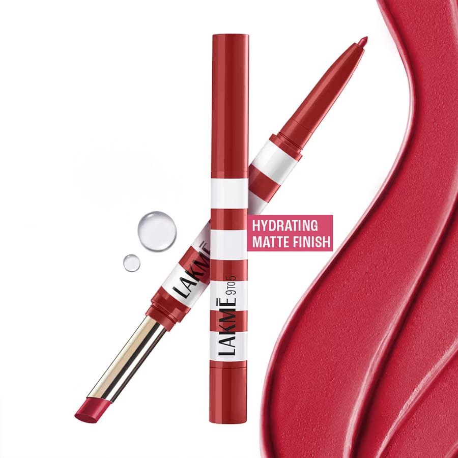 Lakme 9to5 Hya Beach Edit, Lipstick + Liner Duo, SPF 30, Hydrating Matte - Afterhours Red