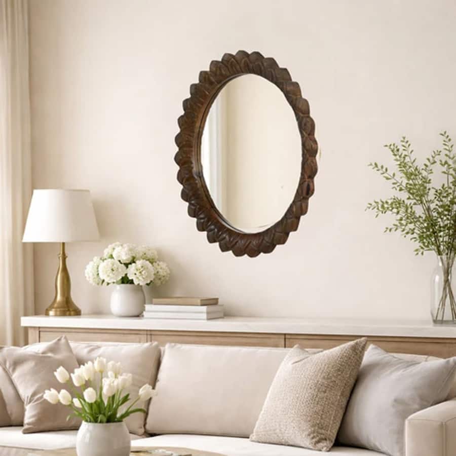 "Modern Round Mango Wood Wall Mirror with Hand-Carv... "