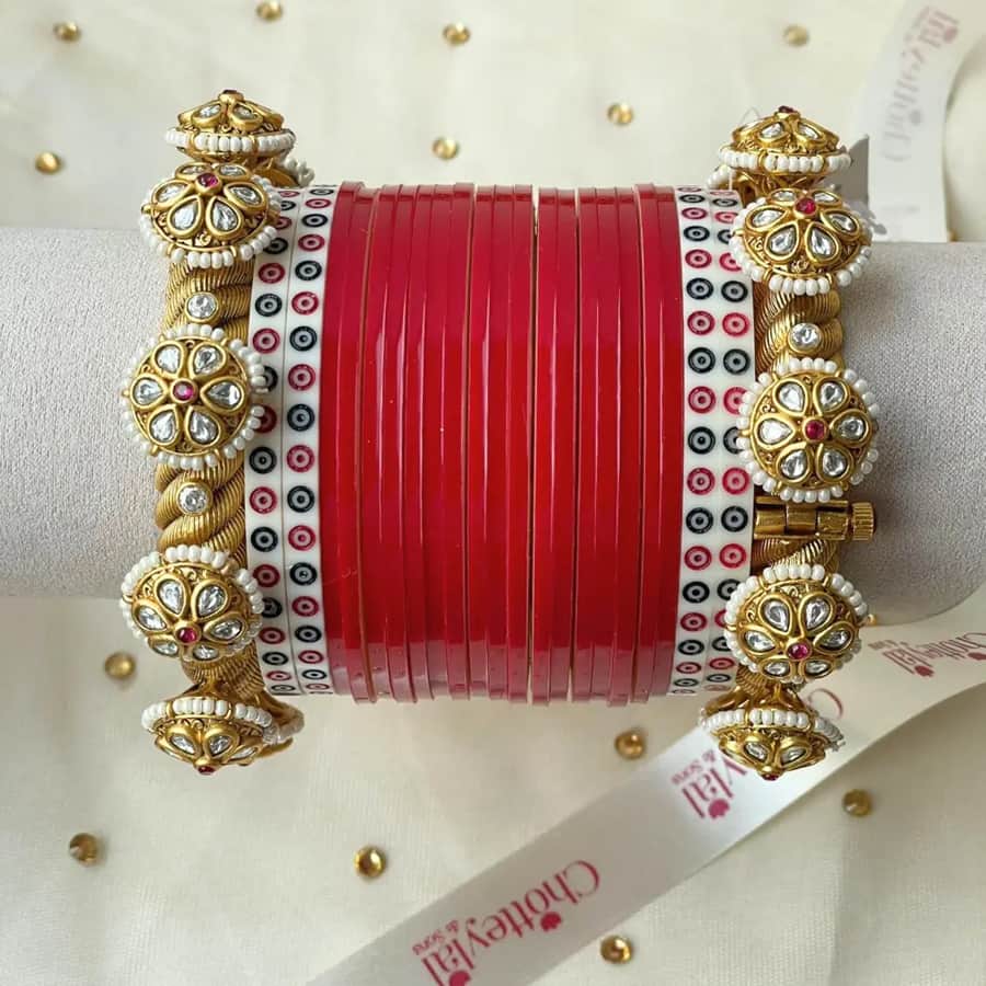 "Pure Pearl Classic Kundan Diamond Red Chooda Set o...
