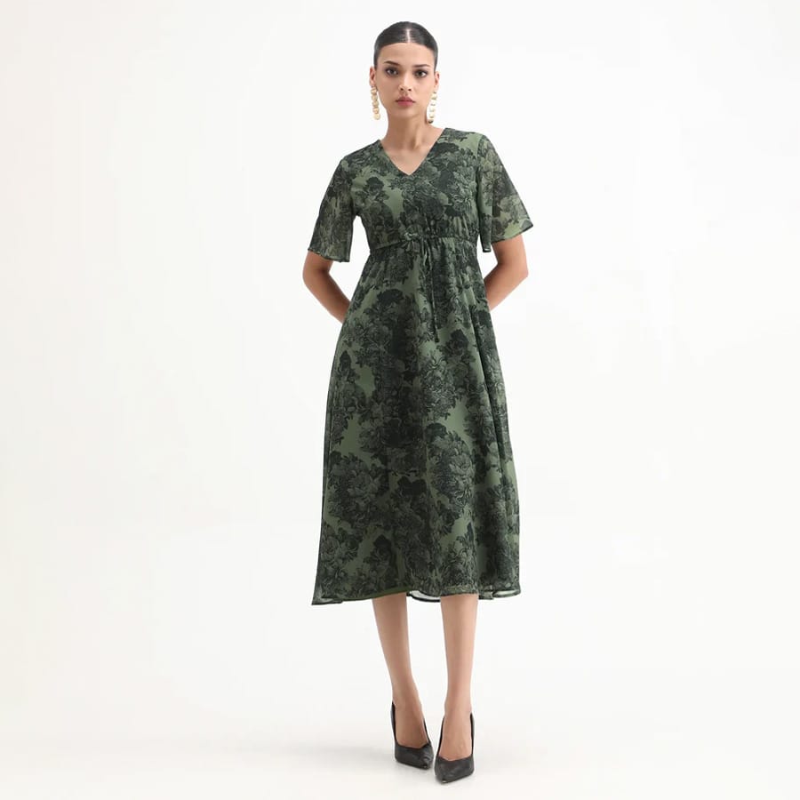 ELGON - DARK GREEN | FLORAL PRINT FLARED MIDI DRESS
