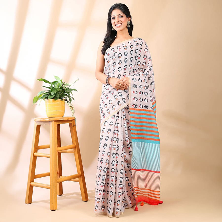 Cream Linen Cotton Print Saree